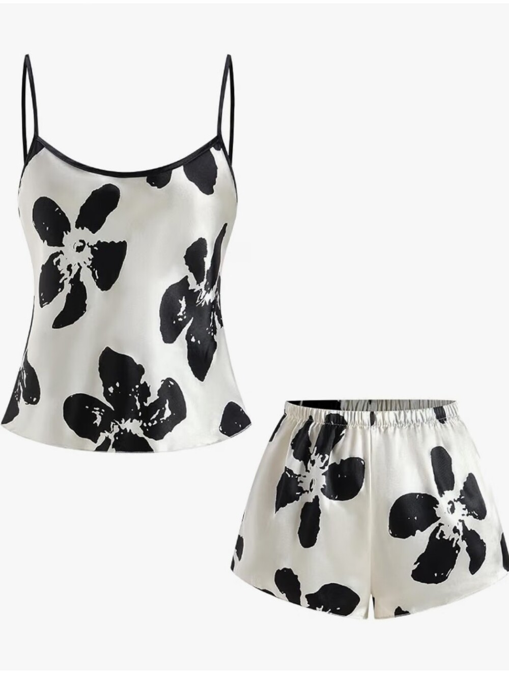 Floral Satin Cami & Short Pajama Set - Black on White